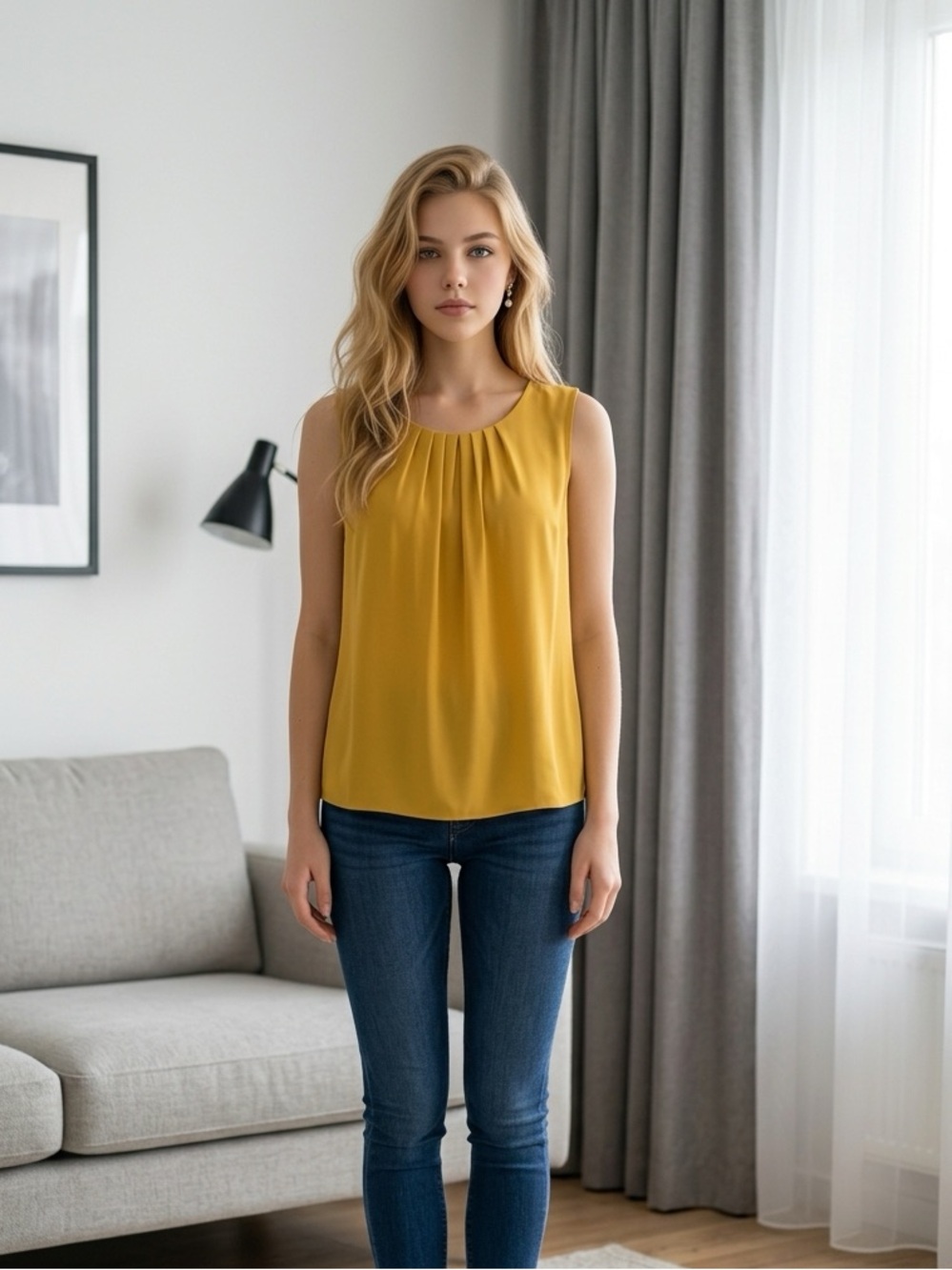 NWT Calvin Klein Mustard
Yellow Pleated Neck
Sleeveless Blouse Top 1X